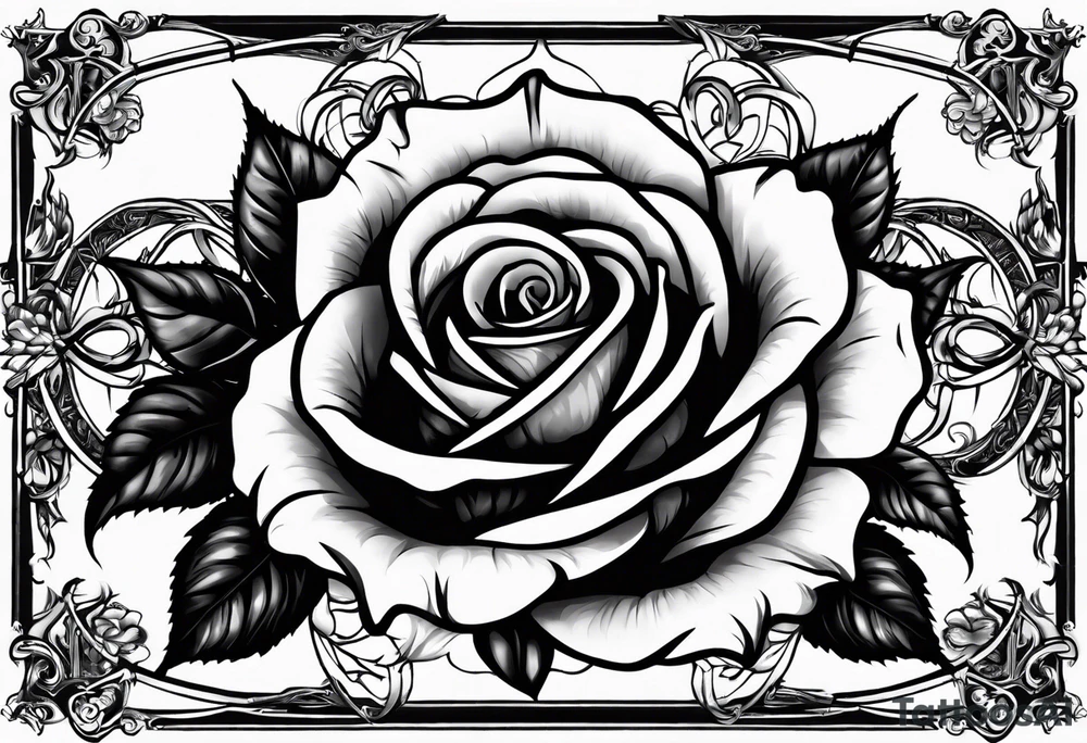 roses with a cross in the middle including the names Aizen and Azaias wrapped around a rose in the old english font tattoo idea