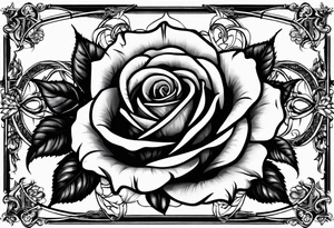 roses with a cross in the middle including the names Aizen and Azaias wrapped around a rose in the old english font tattoo idea