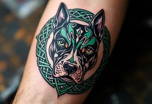 Celtic Stafford – A Staffordshire Bull Terrier head surrounded by intricate Celtic knots in dark green and black, symbolizing protection and heritage. tattoo idea