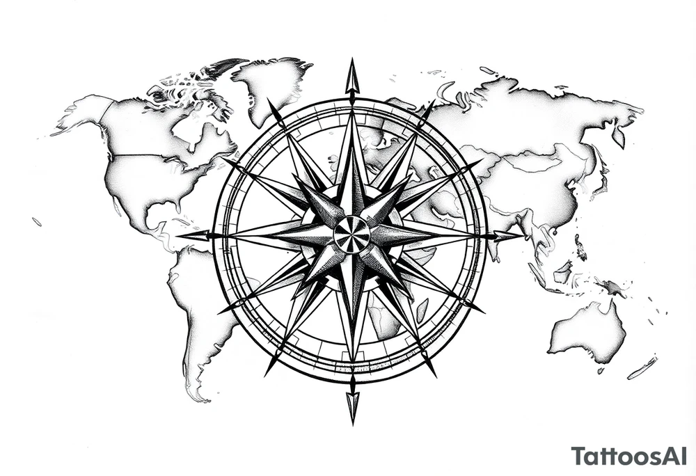 antique compass rose overlaid on weathered world map with sailing ships tattoo idea