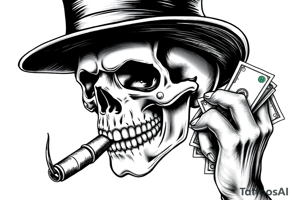 skull with mustache,a big cigar in his mouth,a top-hat on his head and alot of money in a hand. tattoo idea