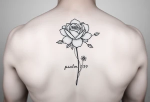 Fine line rose flower intertwined with a daisy with the daisy pedals falling down the middle of the back. Also include the words psalm 139 and even there connected to the flowers by dots tattoo idea
