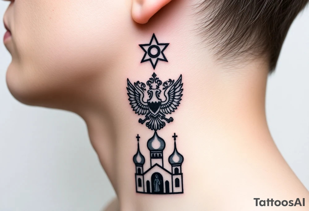 Stacked Vertical Column 

Russian star — small, bold
Middle: Miniature double-headed eagle — simplified, cleaner lines to suit the smaller space
Bottom: Orthodox church dome(s) with a small Virgin Mary silhouette beneath tattoo idea