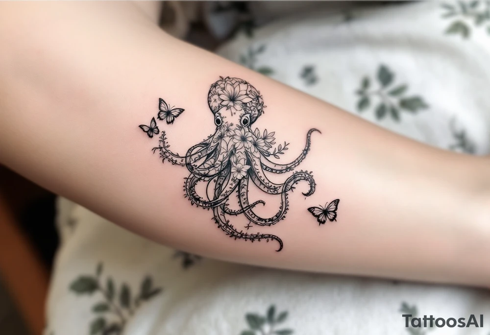A simple fine-line tattoo design of a single octopus made entirely of flowers and butterflies. The octopus’s tentacles are shaped like flowing floral vines with leaves and petals, and its body is composed of overlapping blossoms and butterfly wings. Incorporate sacred geometry. The style is minimalist, elegant, and nature-inspired, with delicate black and grey lines, soft shading, and no outlines. No aquatic or marine elements besides the floral octopus. Simple. The design flows organically down the upper arm or shoulder, with a light, airy feel, minimalist tattoo idea
