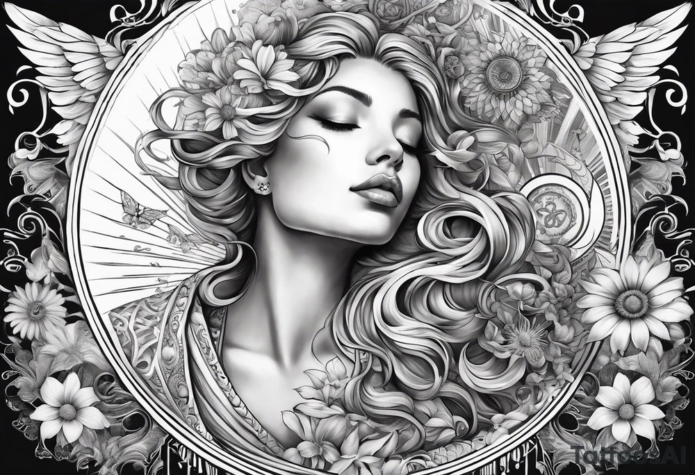 spiritual neck sleeve with stairway to heaven with clouds and rays, cosmo, iris, daisy flower and om symbol on throat
no woman in design tattoo idea