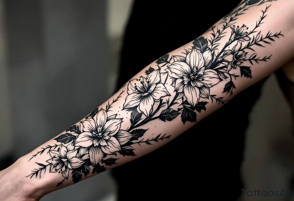 starting from a band mid-forearm, a sleeve of holly flowers and daffodils tattoo idea