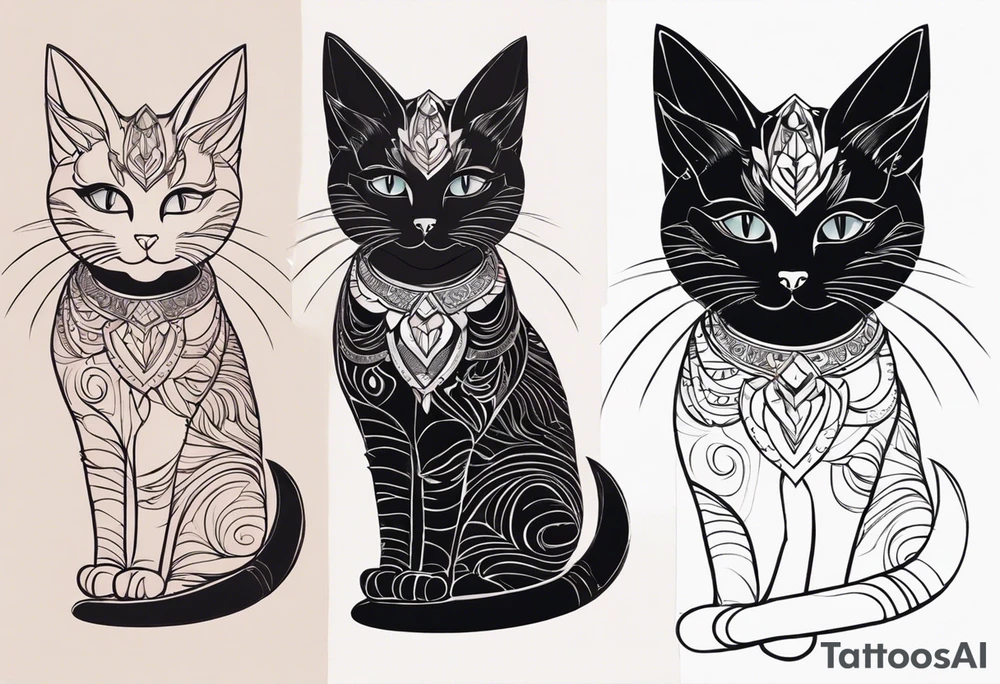 make a sketch that will cover the tattoo in the photo. place the sketch of the cat in the second photo on the previous photo on top of the tattoo to cover the lines, add wings to the cat - large, black, beautiful, chic and three tails with points - all these elements should cover all the lines of the tattoo on the shoulder. tattoo idea