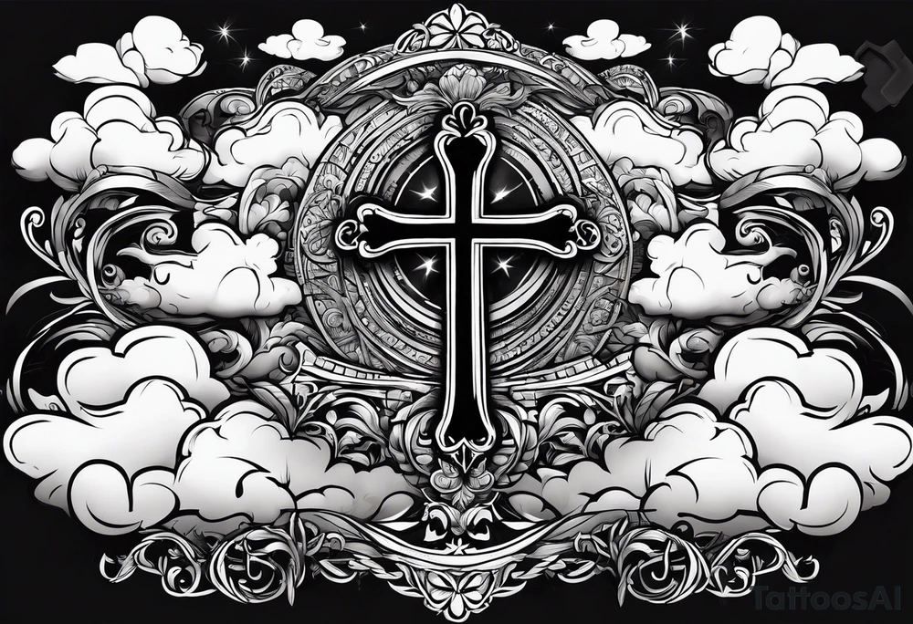 bible verse with a very simple cross in the background and realistic clouds shadowing the cross in the background tattoo idea