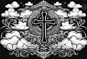 bible verse with a very simple cross in the background and realistic clouds shadowing the cross in the background tattoo idea