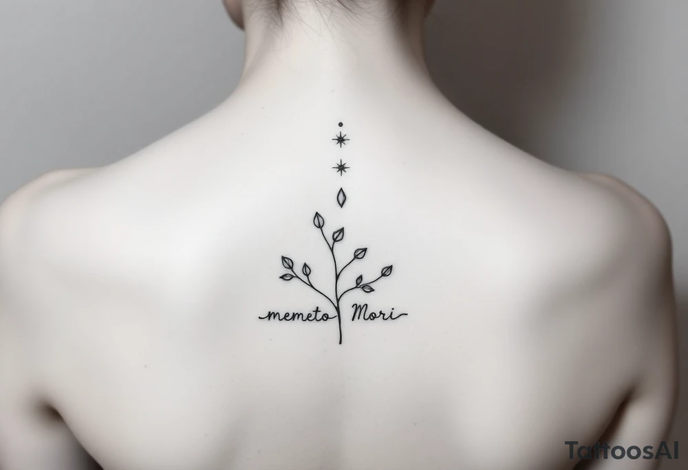 Tatouage minimaliste fine line noir, placement intérieur de l'avant-bras. Composition verticale élégante et discrète. Un petit sablier géométrique représente "Memento Mori". Une branche fine porte cinq petites feuilles symbolisant un homme, une femme, une fille et deux chats. Au-dessus de la branche, une étoile solitaire représente un enfant disparu mais toujours présent. Une légère fissure réparée dans la ligne centrale symbolise la résilience. Style épuré, intemporel, spirituel, lignes fines, peu d'encre, aucun remplissage noir massif, design harmonieux et émotionnel. tattoo idea