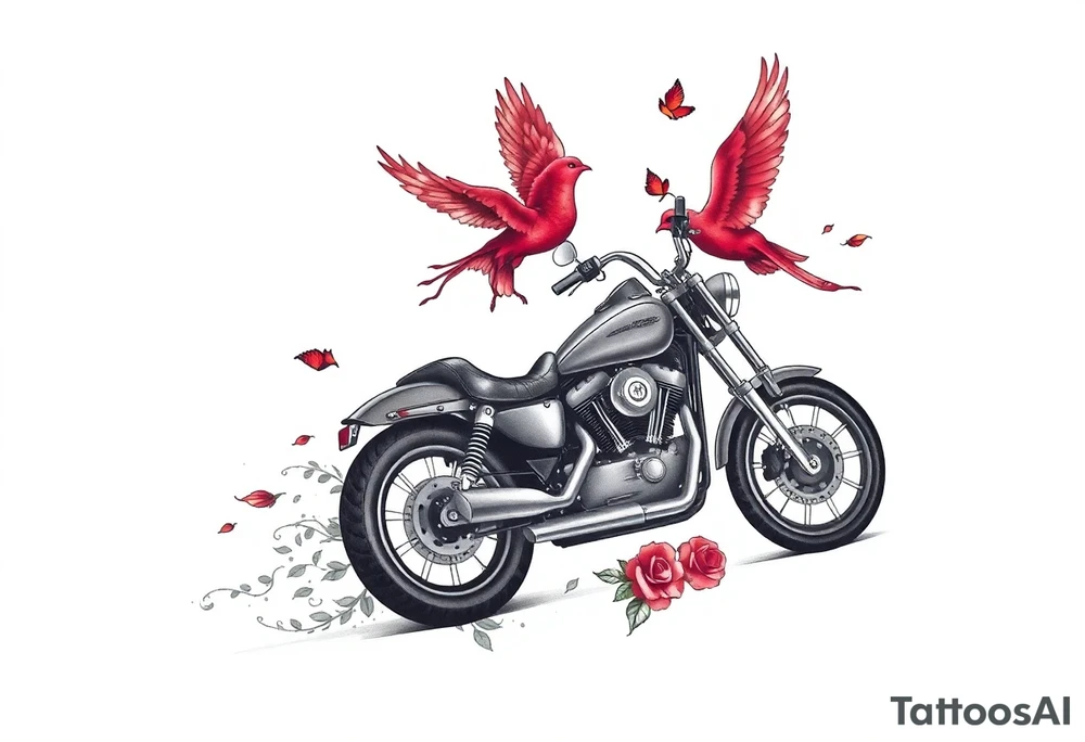 Harley grey motorcycle driving away, two red birds flying, roses, flames, angel wings tattoo idea