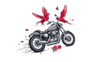 Harley grey motorcycle driving away, two red birds flying, roses, flames, angel wings tattoo idea