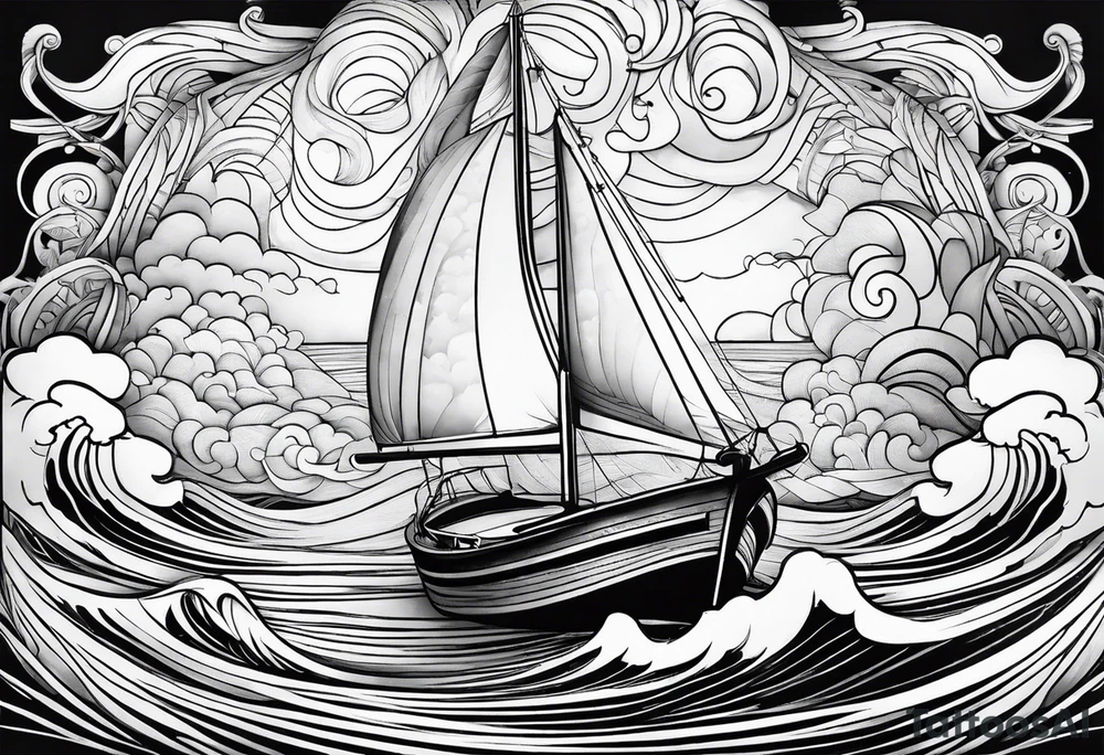 Hula girl on a sailboat with waves and clouds tattoo idea