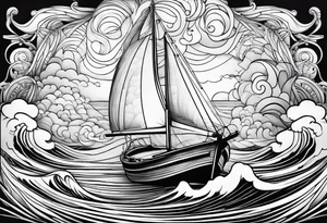 Hula girl on a sailboat with waves and clouds tattoo idea