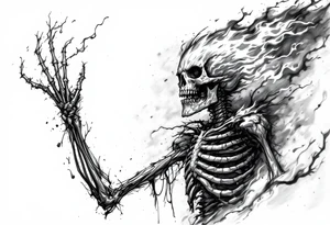 Flaming satan skeleton reaching up bith arms to heaven tattoo idea