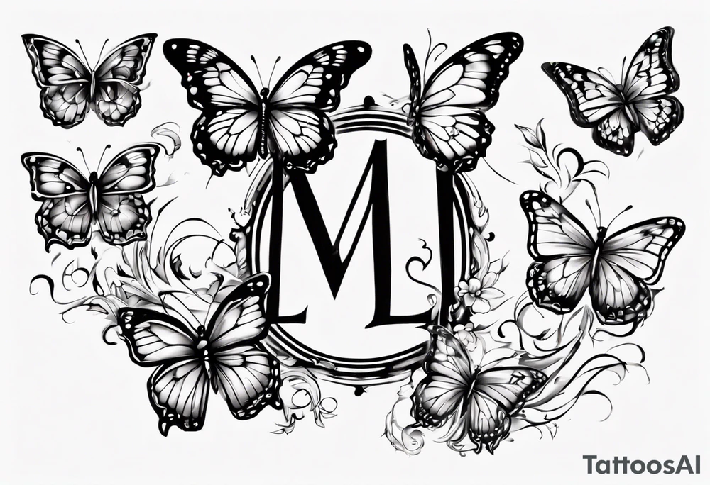 5 butterfly’s dad butterfly, with initial E. O mom butterfly with initial L. O daughter butterfly initial M 2nd daughter with initial M son butterfly initial R.o background the sky beautiful sky colors and grassy area. tattoo idea
