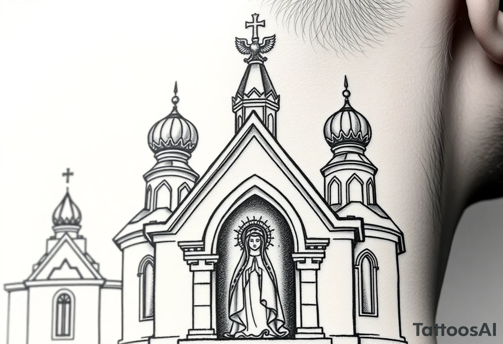Flowing Scene

A onion domes orthodox church
Virgin Mary in prayer pose on the front doors of the russian orthodox church 
A small double headed russian coat of arms eagle or just the star tucked above the dome near the hairline tattoo idea