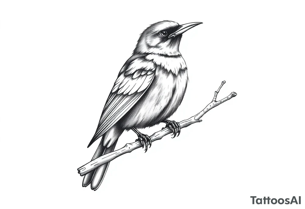 european blackbird male sitting on a branch tattoo idea