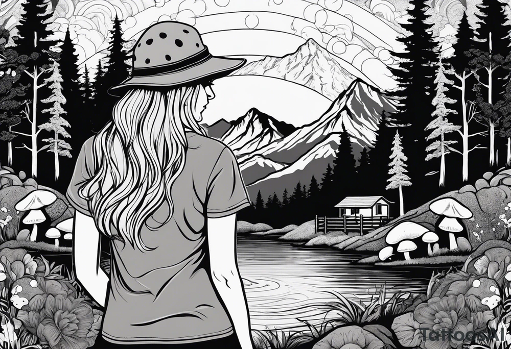 Whole picture encircled fully

Straight long blonde hair hippie girl in distance holding mushrooms in hand facing away toward mountains and creek surrounded by mushrooms tee shirt and hiking pants; whole rendering within a full circle, no cut off circle tattoo idea