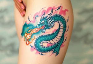 fierce dragon breathing iridescent fire against stormy skies green teal pink tattoo idea