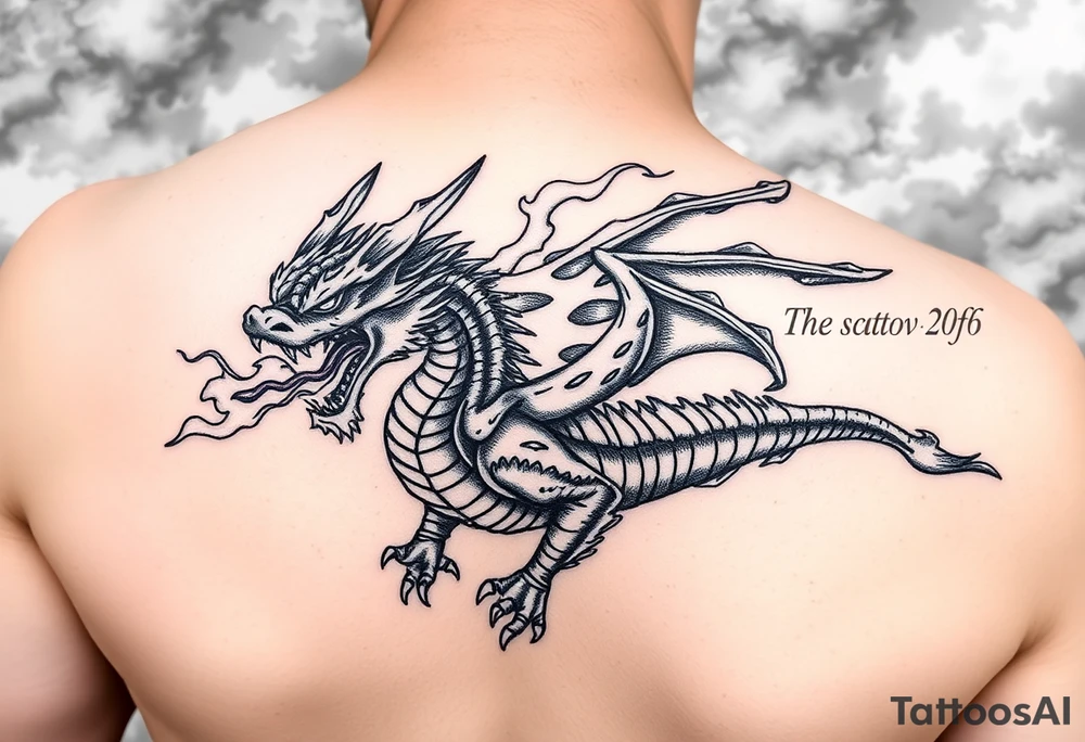 fierce dragon breathing iridescent fire against stormy skies tattoo idea