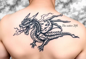 fierce dragon breathing iridescent fire against stormy skies tattoo idea