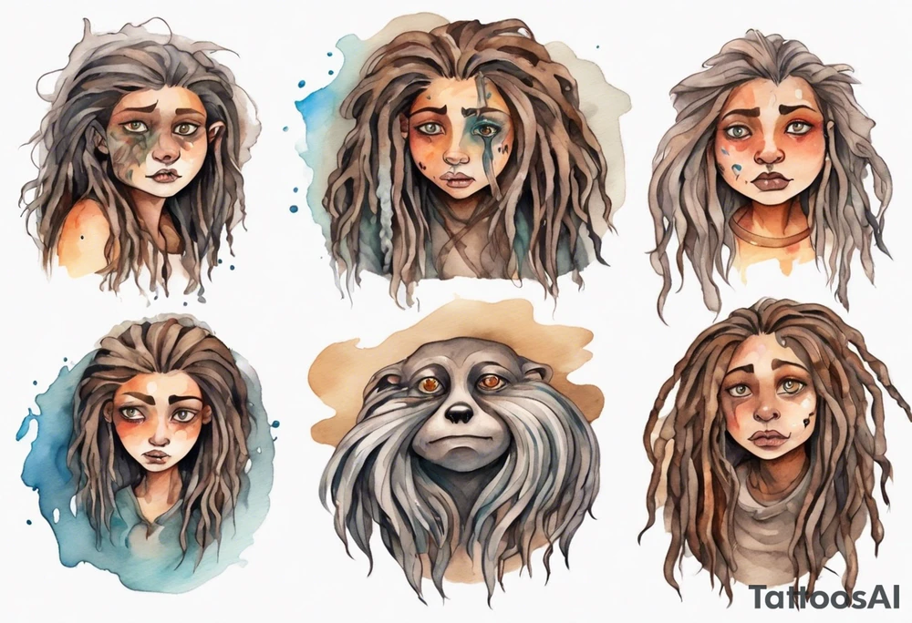 a plump mole woman with large eyes pale fur and messy brown dreadlocks sitting in a cave tattoo idea