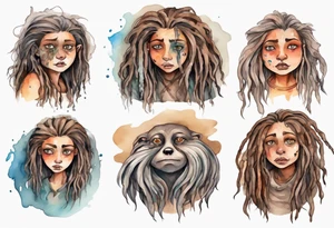 a plump mole woman with large eyes pale fur and messy brown dreadlocks sitting in a cave tattoo idea