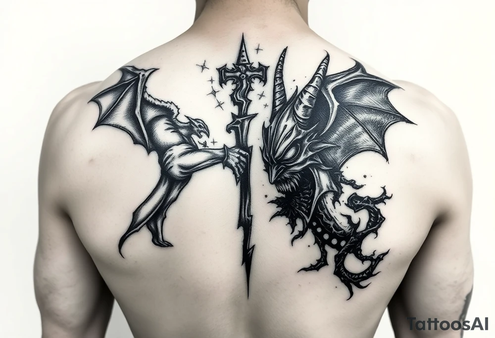 Battle for the souls, good on one side of body and evil on other , internal conflict, inner demons tattoo idea