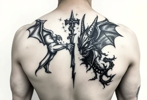 Battle for the souls, good on one side of body and evil on other , internal conflict, inner demons tattoo idea