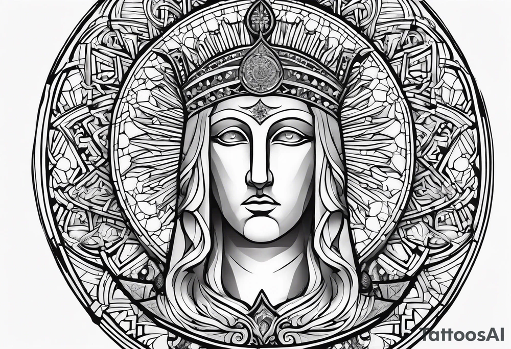 Sleeve tattoo, mosaic of Basil II, with sun shining above and city of medieval Constantinople below tattoo idea