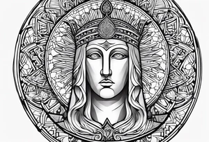 Sleeve tattoo, mosaic of Basil II, with sun shining above and city of medieval Constantinople below tattoo idea