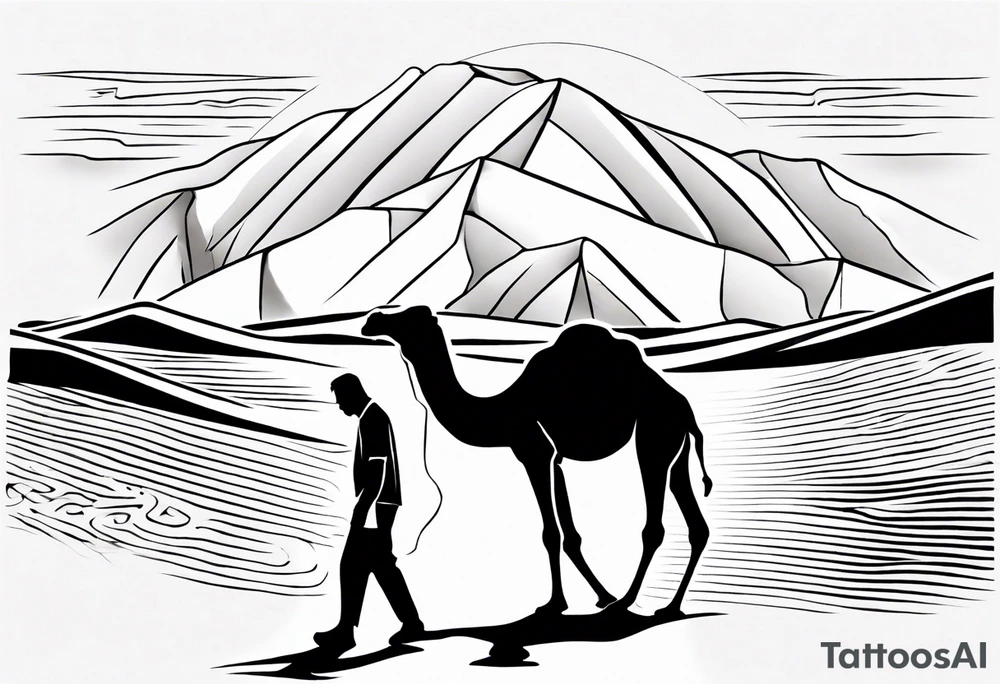 Design a tattoo showcasing a vast desert landscape with low, undulating sand dunes. Feature a man walking alongside his camel, both resilient against the harsh environment, the man covering his face with a long cloth for protection. tattoo idea