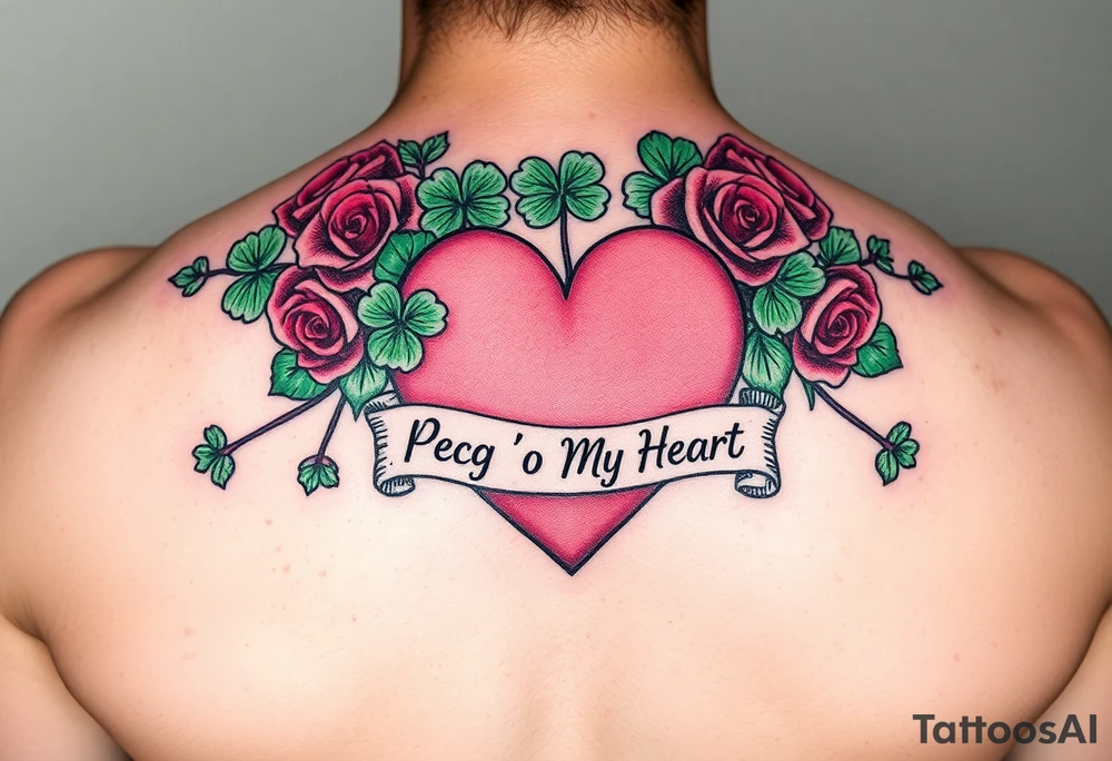 A lot of green shamrocks & red roses with a big Pink heart and a banner across the heart that says Peg 'o My Heart tattoo idea