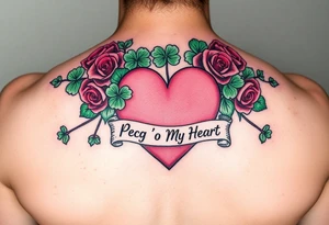 A lot of green shamrocks & red roses with a big Pink heart and a banner across the heart that says Peg 'o My Heart tattoo idea