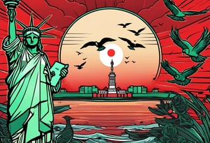 the statue of liberty with a skull for a face, and green dollar signs for eyes, with a red sun behind it with birds flying towards it tattoo idea