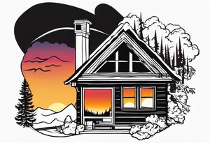 cabin chimney smoke says "Hutting Est. 2004" friends sunset tattoo idea