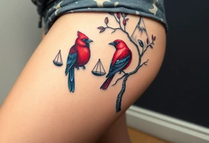 2 birds as the focus, 1 red bird in a suit, 1 navy blue bird with glasses, scales of justice in a tree, starry night painting and mountain background tattoo idea