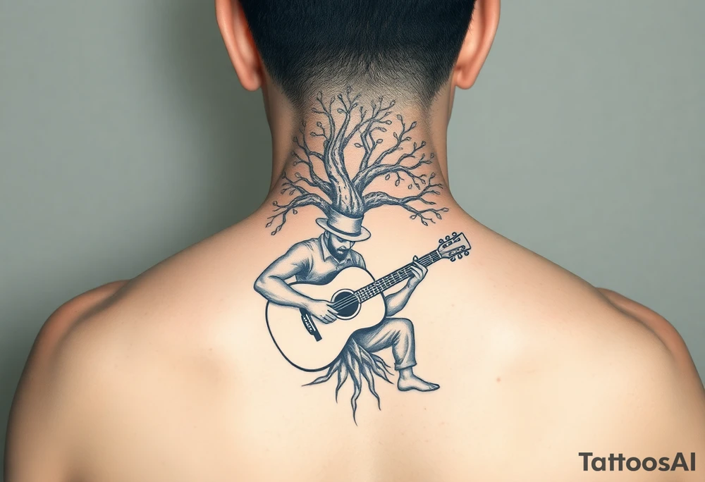 Man with hat
 playing acoustic guitar underneath tree of life concept style tattoo idea