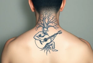 Man with hat
 playing acoustic guitar underneath tree of life concept style tattoo idea