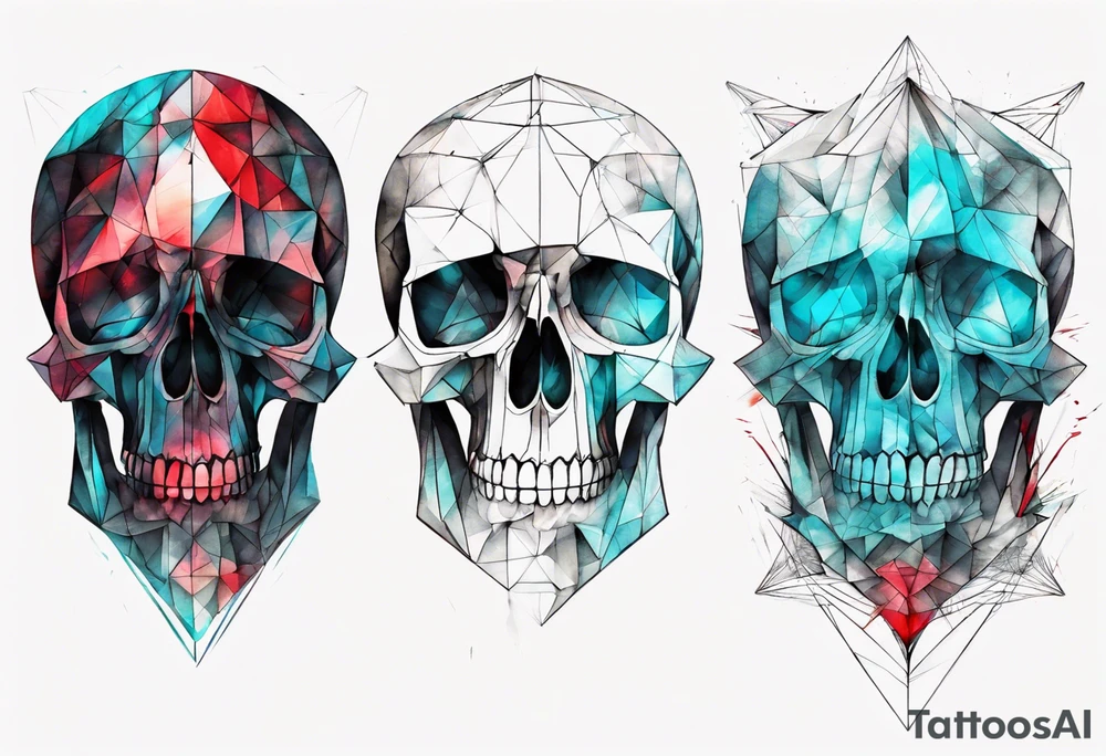 Modern and futuristic skull, with poems of a deadline Man, prism light reflection, black, red and cyan, abstract, geometric, fractal chaos tattoo idea