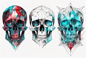 Modern and futuristic skull, with poems of a deadline Man, prism light reflection, black, red and cyan, abstract, geometric, fractal chaos tattoo idea