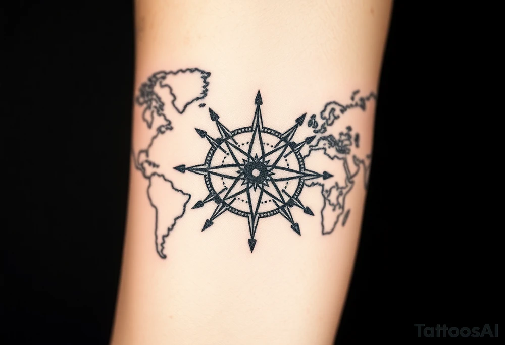 antique compass rose overlaid on weathered world map with sailing ships tattoo idea