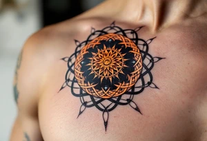 A rich copper-colored Celtic sun with black knots winds in symmetry around the navel. tattoo idea