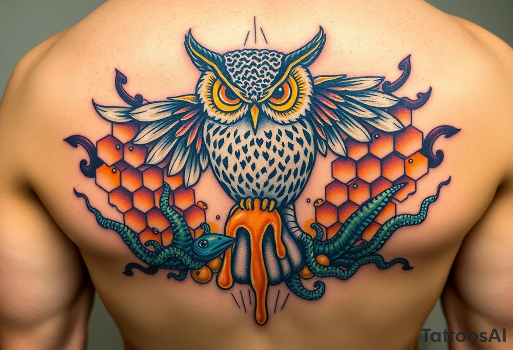 Honey comb, owl dripping honey over sea creatures tattoo idea