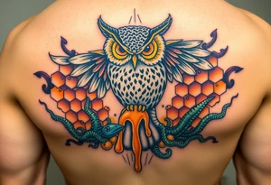 Honey comb, owl dripping honey over sea creatures tattoo idea