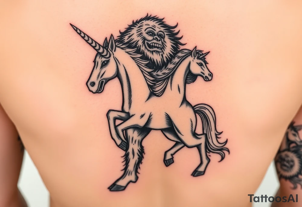 Bigfoot wearing a unicorn tube full leg piece tattoo idea