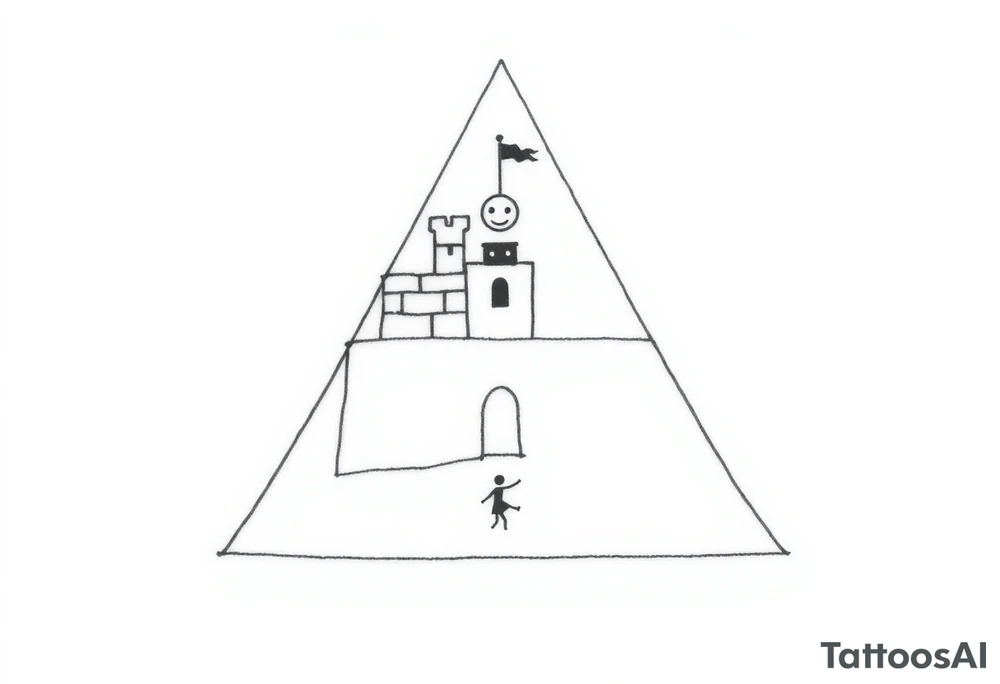 Create a minimalistic tattoo design based on a trapezoid shape representing a trap or siege. The trapezoid is the main background and frame.

Inside the trapezoid:

1. A small, simple castle at the top center with smooth walls and a short tower on one side, symbolizing loneliness.


2. A tiny black brick embedded in the castle wall, representing a 225 mg Tramadol pill — looks like a small dark dot from afar.


3. A small smiling mask on the tower with two dots for eyes and a curved line for a mouth, symbolizing hiding inner pain behind a smile.


4. A thin, irregular crack running from the bottom to the top of the castle wall, representing inner wounds and fractures.


5. A thin diagonal ray of light shining from one of the castle windows, symbolizing hope amidst darkness.


6. An abstract, minimal dancer figure in the castle courtyard made with simple lines, symbolizing dancing and perseverance despite being trapped.



The overall design should look clean and geometric from afar, but each element carries personal symbolism and emotional depth. tattoo idea