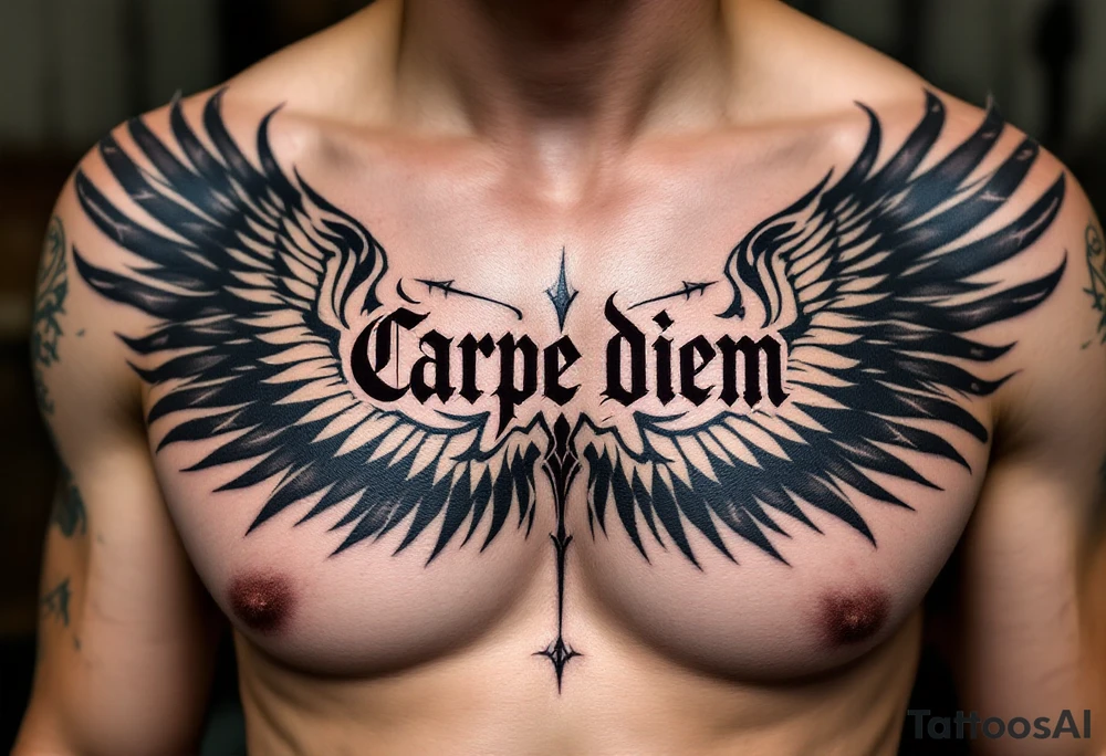 Bold gothic "carpe diem" lettering in deep crimson ink, flanked by black raven wings spreading outward on the chest. tattoo idea