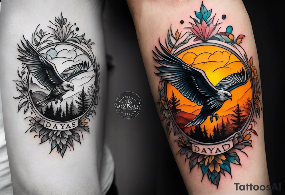 Small inside arm tattoo. Black kite (Daya's name), nature (trees/sea), small sunflower. Soft colours tattoo idea